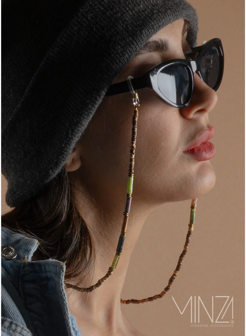 Minza Minza “Silva” Eyewear Chain, Jade Stone, Coconut Wood & Bronze, Handmade Unisex Glasses Chain for Sunglasses & Eyeglasses, Natural Eyewear Holder, Boho Minimalist Accessory