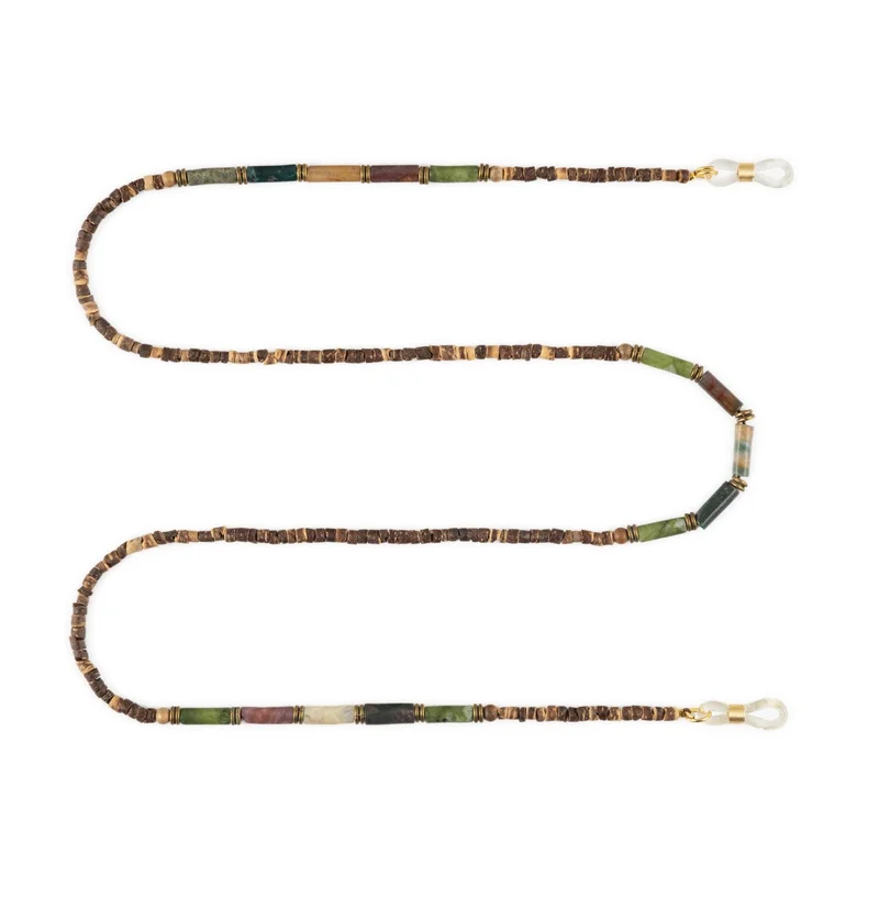 Minza Minza “Silva” Eyewear Chain, Jade Stone, Coconut Wood & Bronze, Handmade Unisex Glasses Chain for Sunglasses & Eyeglasses, Natural Eyewear Holder, Boho Minimalist Accessory