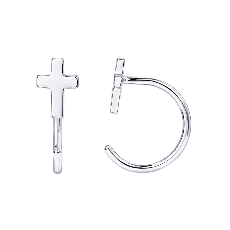 PAVOI 14K Gold Plated 925 Sterling Silver Huggie Half Hoop Earrings | Hypoallergenic Minimalist Tiny Cartilage Earring (Cross, White Gold) - Image 1