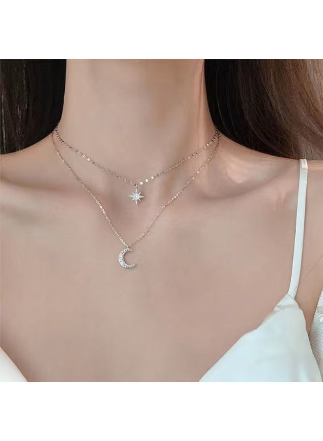 Goolsky Luxury Silvery Rhinestones Star Moon Double Layer Necklace Female Clavicle Chain, Gift for Eid, Ramadan - Image 2