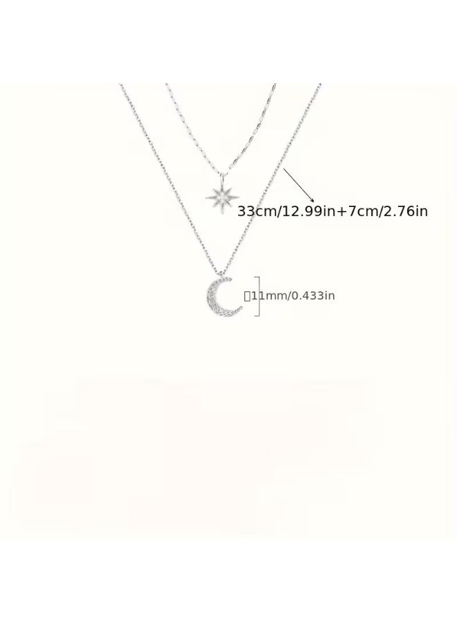 Goolsky Luxury Silvery Rhinestones Star Moon Double Layer Necklace Female Clavicle Chain, Gift for Eid, Ramadan - Image 3