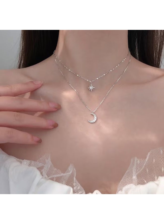 Goolsky Luxury Silvery Rhinestones Star Moon Double Layer Necklace Female Clavicle Chain, Gift for Eid, Ramadan - Image 1