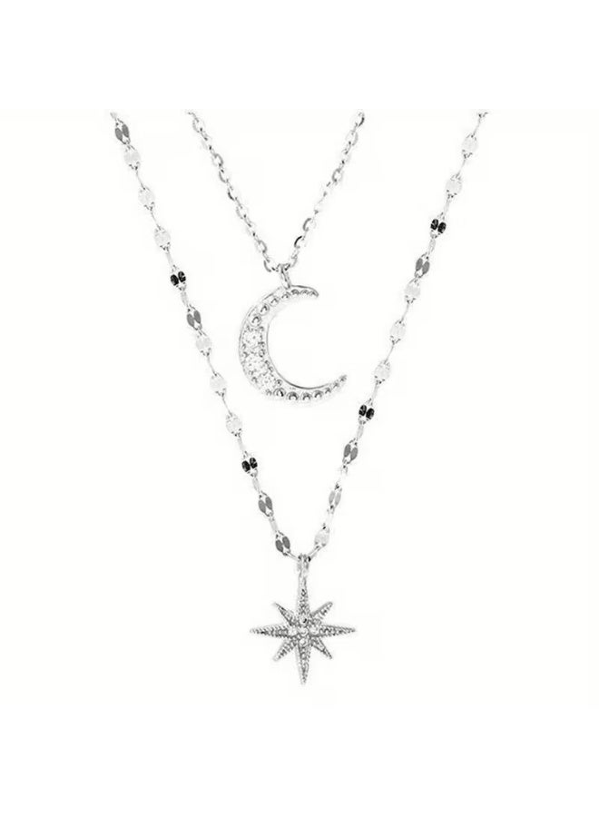Goolsky Luxury Silvery Rhinestones Star Moon Double Layer Necklace Female Clavicle Chain, Gift for Eid, Ramadan - Image 5