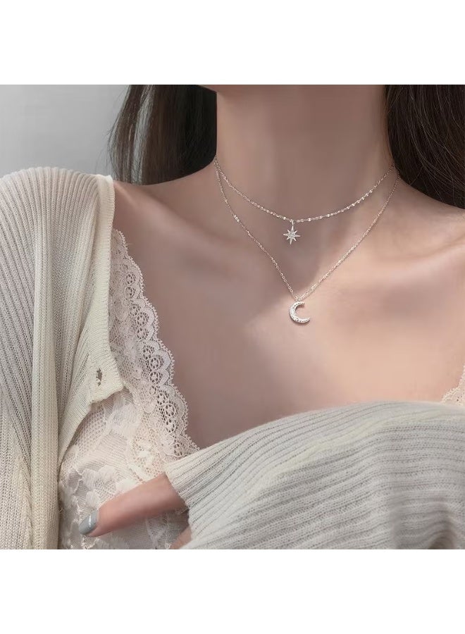 Goolsky Luxury Silvery Rhinestones Star Moon Double Layer Necklace Female Clavicle Chain, Gift for Eid, Ramadan - Image 4