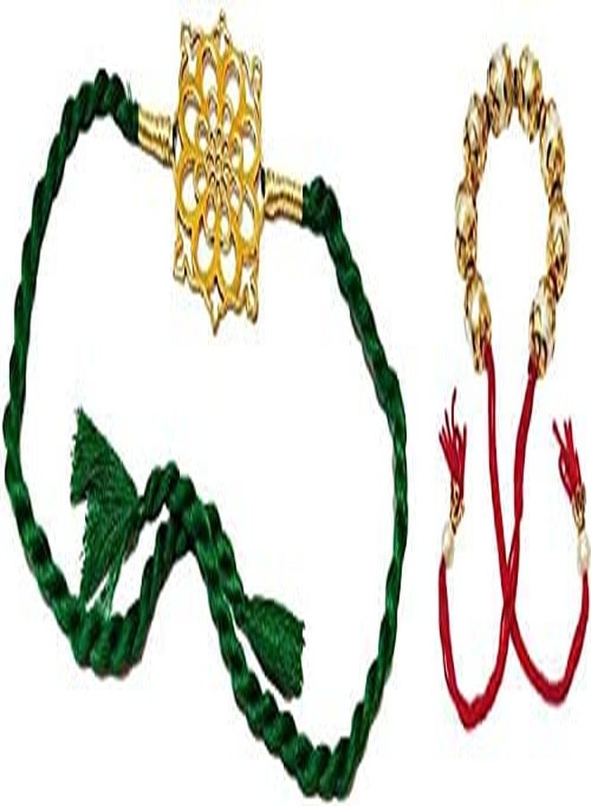 ATHZ Brass dial Bhaiya Rakhi and White Beads Bhabhi Combo Set Authentic Brass dial for Bhaiya and Bhabhi Lumba in Red Bridal color - Image 1