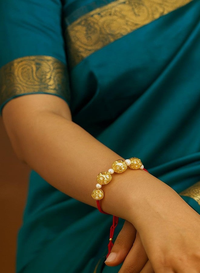 ATHZ Brass dial Bhaiya Rakhi and White Beads Bhabhi Combo Set Authentic Brass dial for Bhaiya and Bhabhi Lumba in Red Bridal color - Image 2