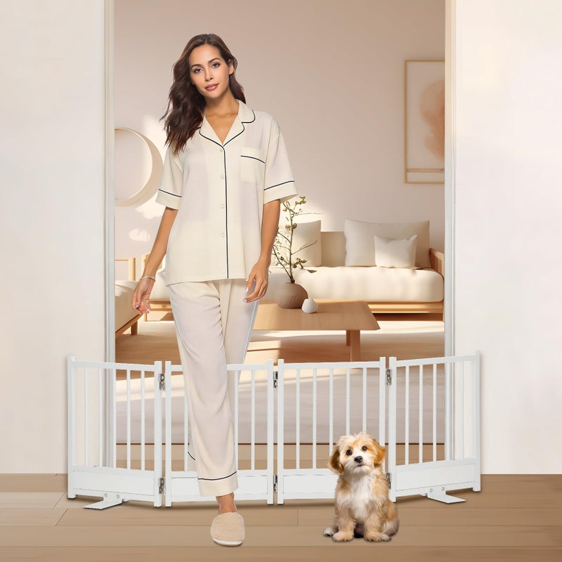 Ademon Freestanding Short Dog Gate, 16" Pet Gate Indoor with Support Feet Easily Step Over, 4 Panel Metal Wood Foldable Pet Dog Gate, Up to 48" Wide Puppy Fence, Puppy Gate for for Doorway&Hallway White - Image 1