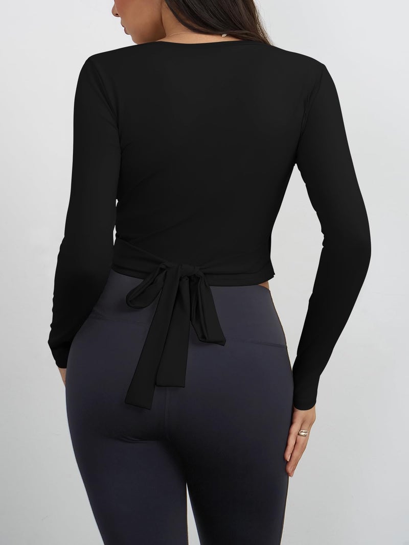 Yousify Womens Wrap Tie Tops Y2k Long Sleeve Ballet Pilates Yoga Workout Wrap Shirts Deep V Neck Casual Tops Black - Image 3