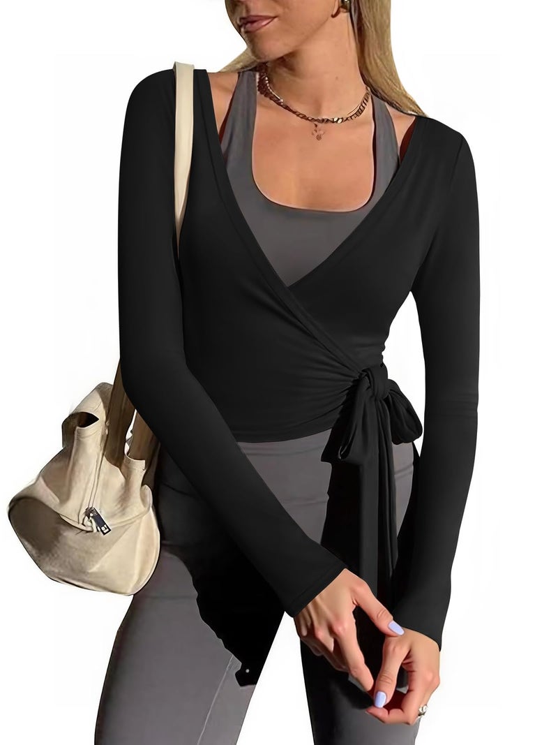 Yousify Womens Wrap Tie Tops Y2k Long Sleeve Ballet Pilates Yoga Workout Wrap Shirts Deep V Neck Casual Tops Black - Image 1