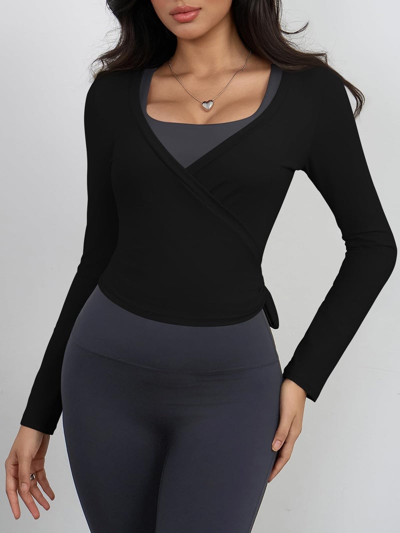 Yousify Womens Wrap Tie Tops Y2k Long Sleeve Ballet Pilates Yoga Workout Wrap Shirts Deep V Neck Casual Tops Black - Image 2