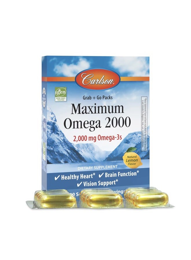 Carlson باكيات ماكسيموم أوميغا 2000 الجاهزة للاستخدام، 2000 ملغ أوميغا-3، زيت سمك نرويجي من صيد بري، كبسولات زيت سمك مستدامة، بنكهة الليمون، 30 كبسولة لينة - Image 1