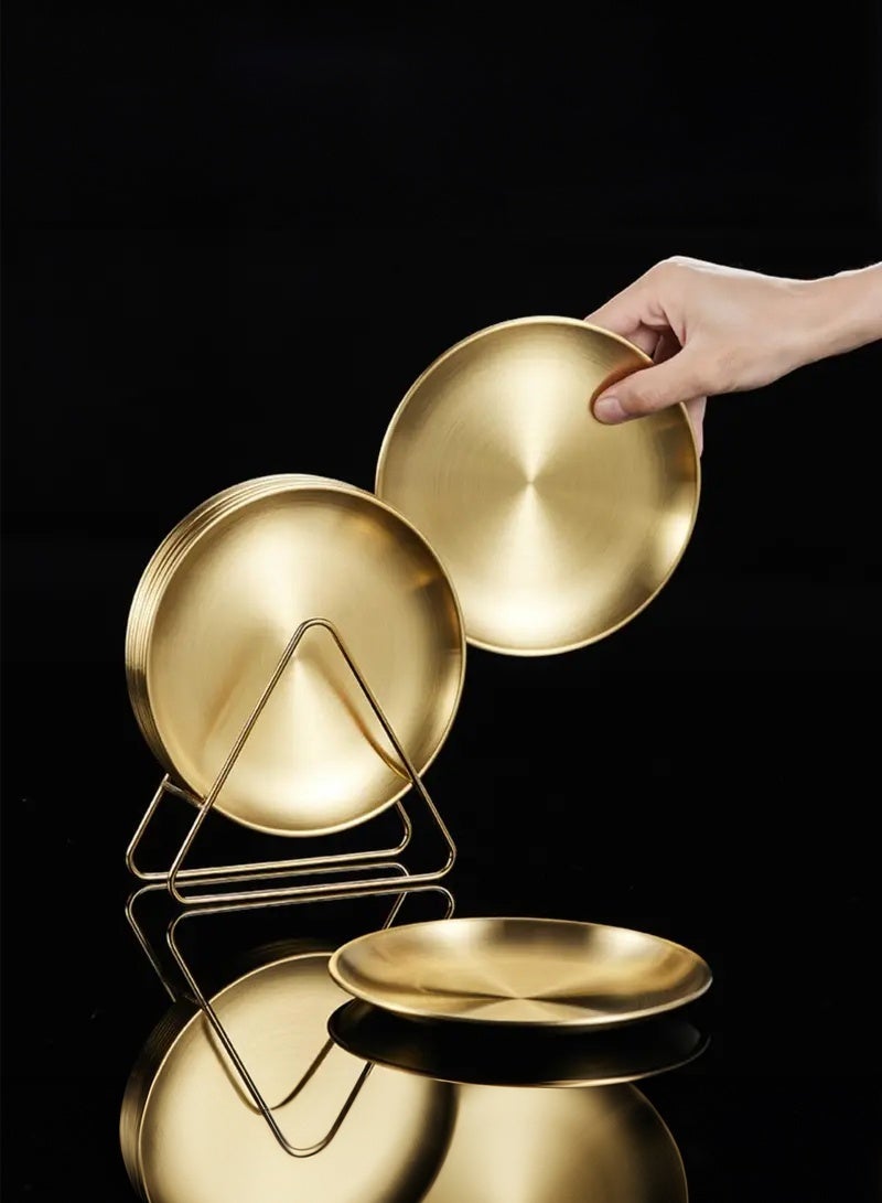 Manhua Gold Stainless Steel Plate Set (6 Plates+1 Storage Rack),Multi-Purpose Snack,Fruit,and Storage Plates for Home/Restaurant/Hotel - Image 1