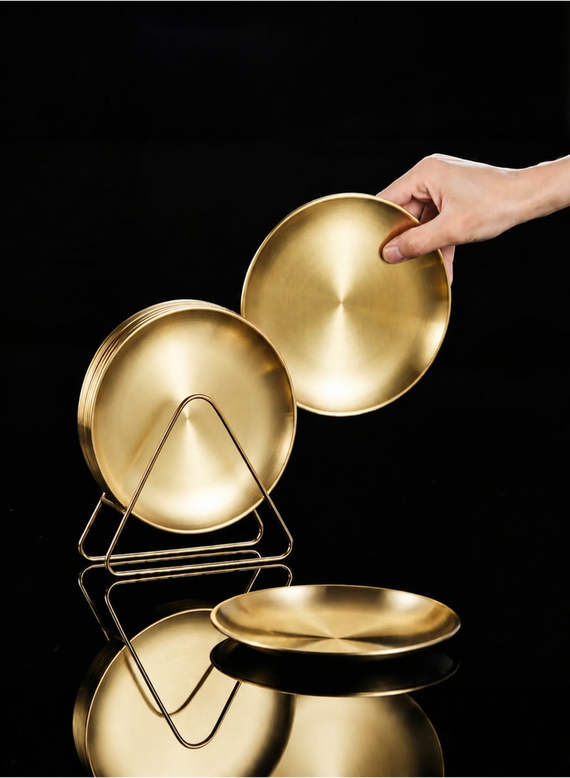 Manhua Gold stainless steel plate set (6 plates+1 storage rack,disc diameter 14cm/5.51 inches),multi-purpose snack plate,fruit plate storage plate for home/restaurant/hotel - Image 1