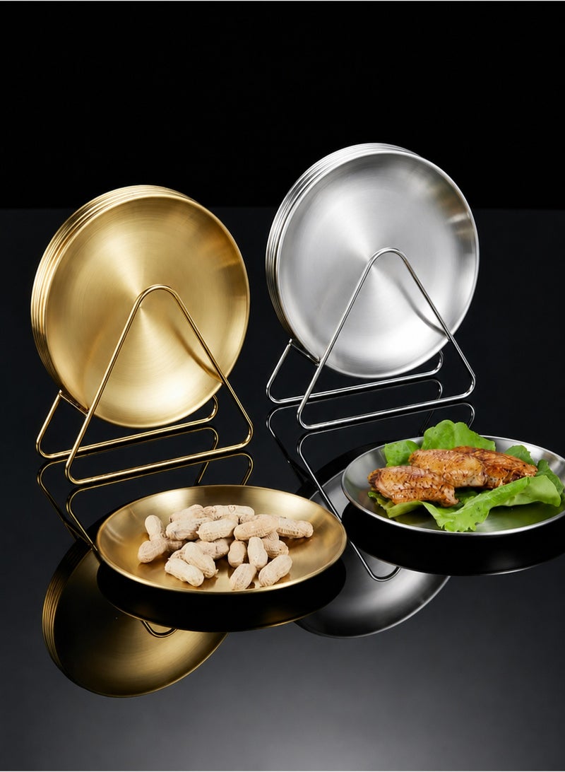 Manhua Gold stainless steel plate set (6 plates+1 storage rack,disc diameter 14cm/5.51 inches),multi-purpose snack plate,fruit plate storage plate for home/restaurant/hotel - Image 3