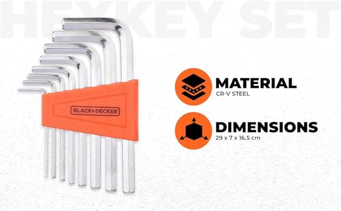 BLACK+DECKER BDHT81593 8-Piece Steel Hexkey Set Ideal for Repair & Maintenance for Home & DIY Use -1.5, 2, 2.5, 3, 4, 5, 5.5, 6 mm, 6 Months Warranty, ORANGE & BLACK - Image 2