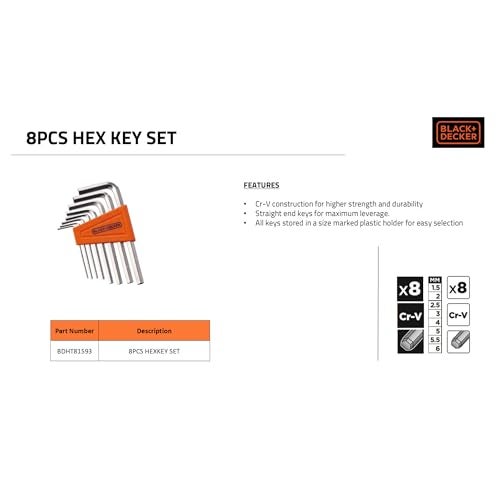 BLACK+DECKER BDHT81593 8-Piece Steel Hexkey Set Ideal for Repair & Maintenance for Home & DIY Use -1.5, 2, 2.5, 3, 4, 5, 5.5, 6 mm, 6 Months Warranty, ORANGE & BLACK - Image 5