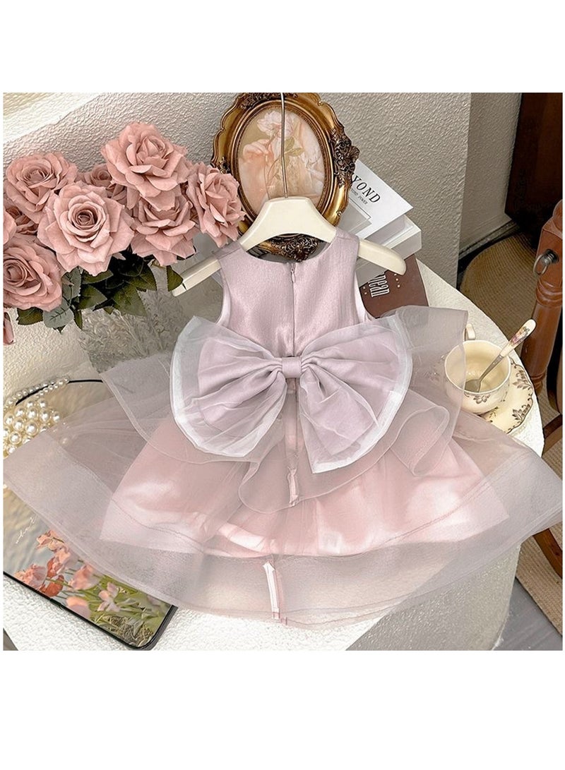 2–3Y Baby Girl Summer Princess Gown, Toddler Sleeveless Tulle Pageant Dress with Removable Bow, Elegant Birthday Eid Wedding Outfit, fit for 90–100cm - Image 3
