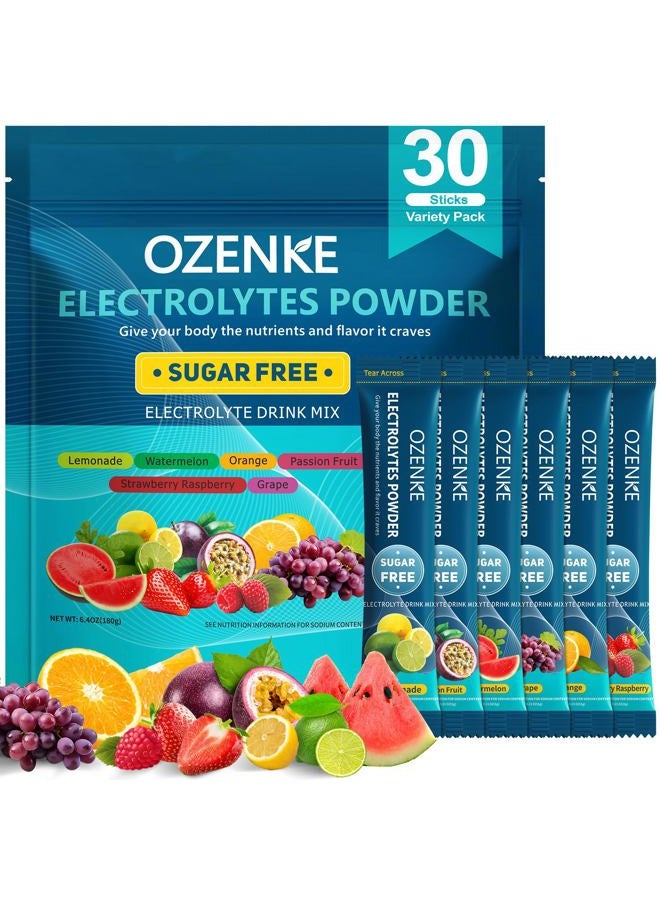 OZENKE Electrolytes Powder Packets, 30 Sticks Hydration Packets Sugar Free, Electrolyte Drink Mix Travel Electrolyte Packets for Rapid Hydration, 6 Flavors - Image 1
