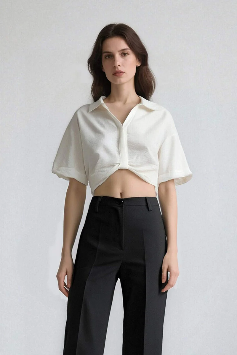 DeFacto Cropped Fit Shirt Collar Linen Look Blouse