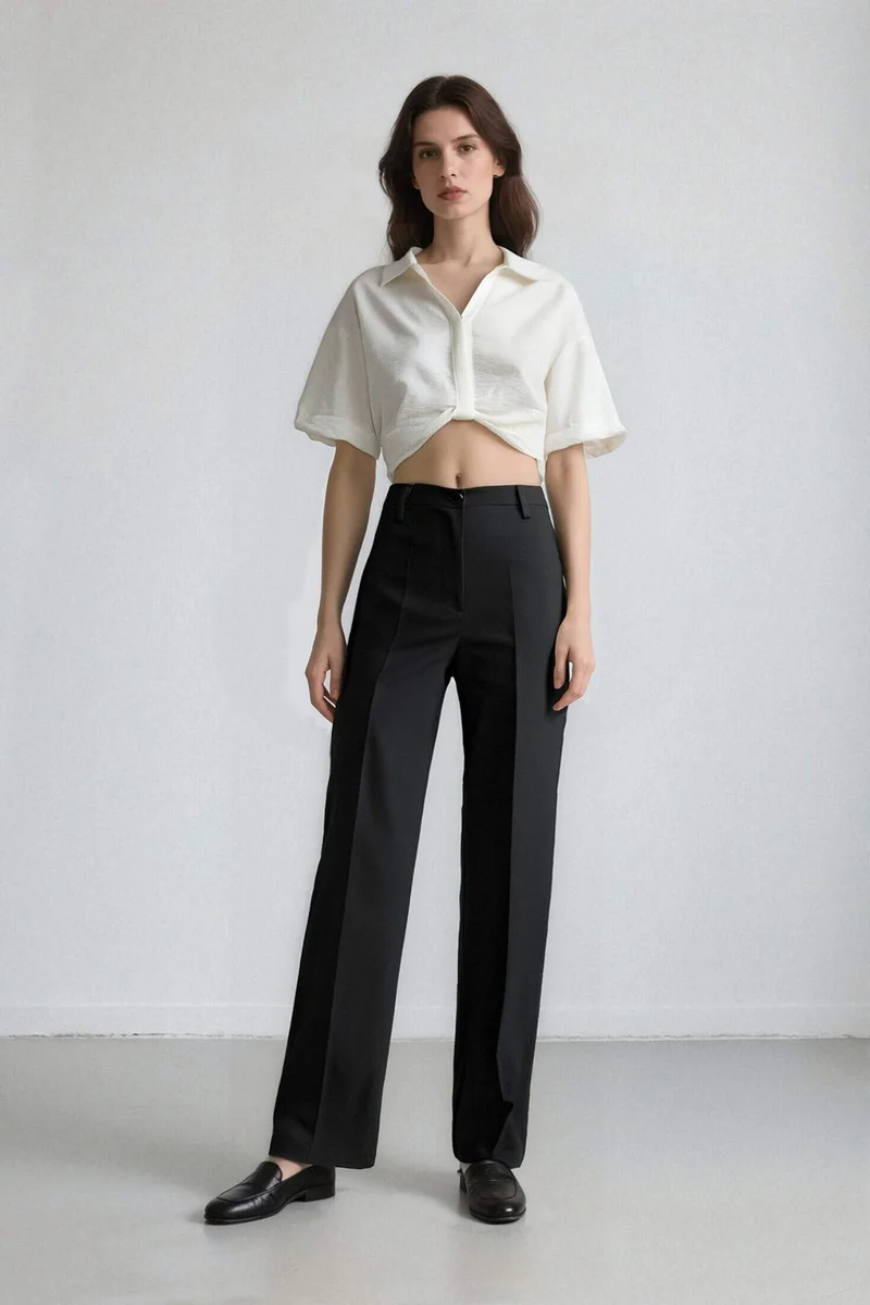 DeFacto Cropped Fit Shirt Collar Linen Look Blouse