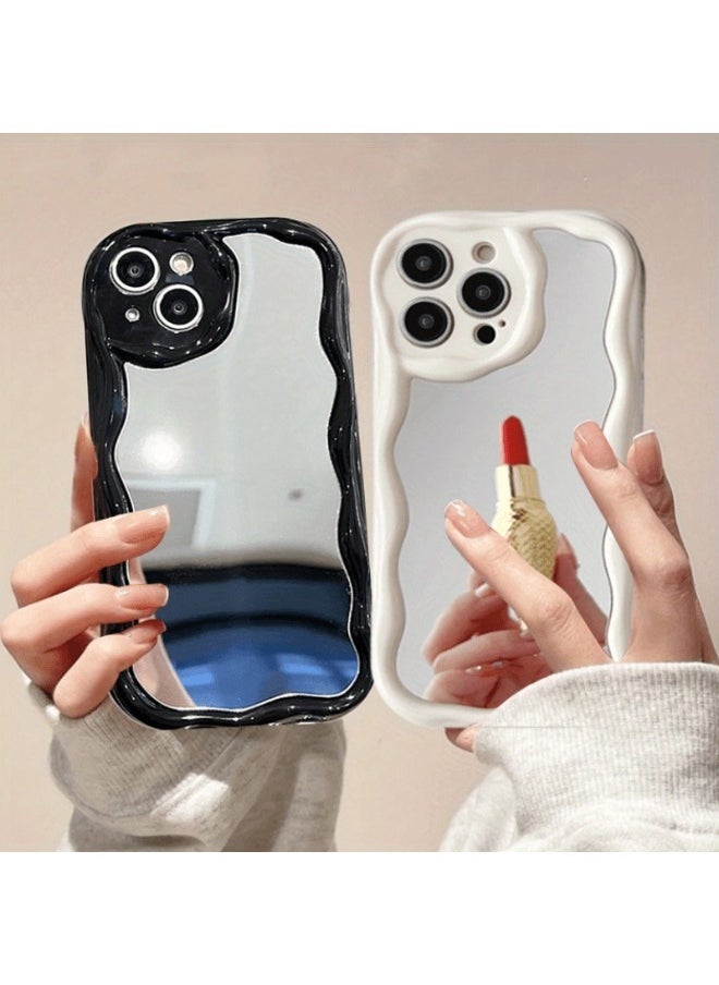 ShebSheb - Simple Wave Design Phone Case for iPhone 14 Pro with Mirror , Wavy Frame Soft TPU Aesthetic Phone Cover - Image 1