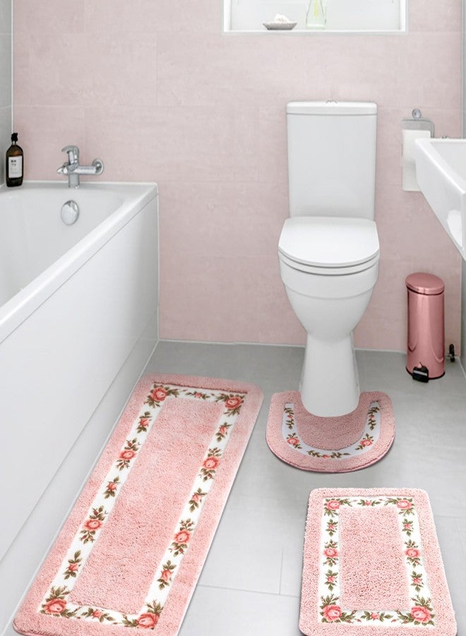Drydiet 3 Pcs Rose Flowers Bathroom Rugs Set Coquette Room Decor Floral Carpet for Bathroom Bedroom Living Room, Floral Bath Mat Non Skid Romantic Rose Flower Area Rugs 3 Shapes (Pink,Large) - Image 1