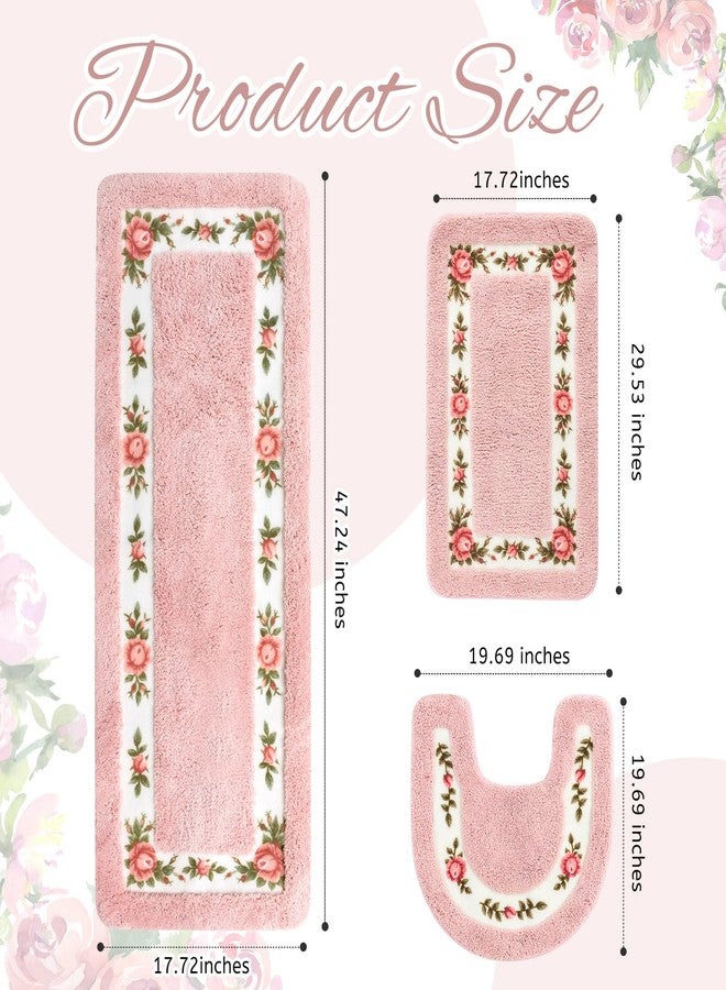 Drydiet 3 Pcs Rose Flowers Bathroom Rugs Set Coquette Room Decor Floral Carpet for Bathroom Bedroom Living Room, Floral Bath Mat Non Skid Romantic Rose Flower Area Rugs 3 Shapes (Pink,Large) - Image 2