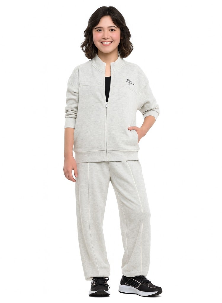 فكتور اند جين طقم رياضي رمادي للبنات - جاكيت بسحاب وبنطلون رياضي - Image 1