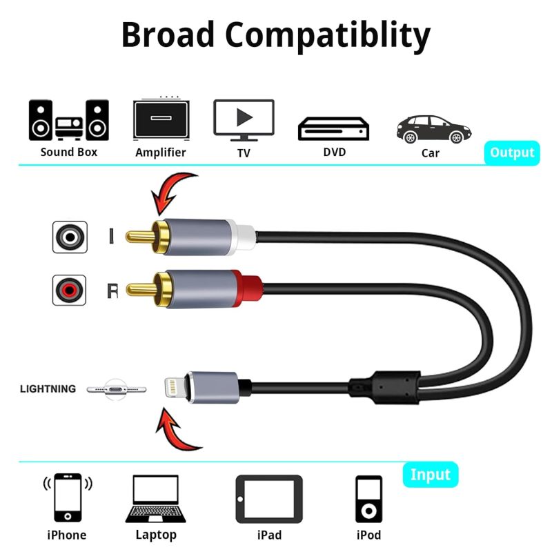 كابل صوت لايتنينج إلى RCA بطولات ذهبية بطولات 1 متر مع شريحة MFi - يمكن توصيله واستخدامه مباشرة - كابل Y صوتي ستيريو خالي من الضوضاء لـ iPhone و iPad وسيارة ستيريو ودراما منزلية ومُضخم صوت DVD - Image 3