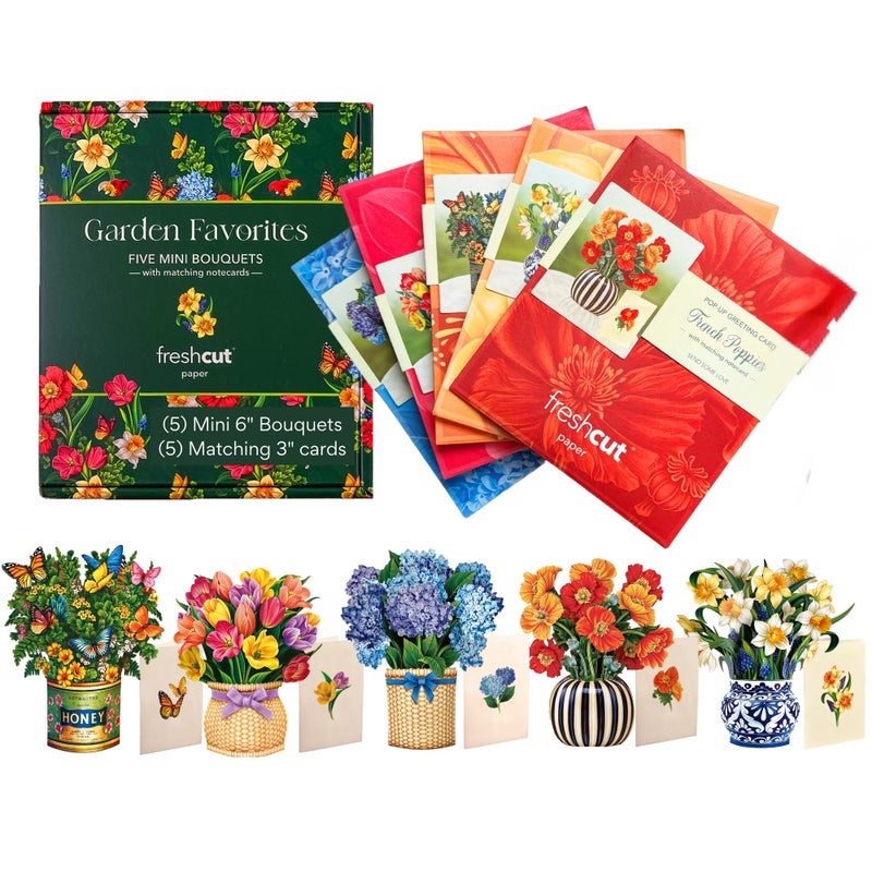 Freshcut Paper Pop Up Cards, Garden Favorites, 6 inch Mini Sized Paper Flower Bouquet 3D Popup Greeting Cards, Birthday Card, Thank You Card, Blank Notecards & Envelopes, Pack of 5 - Image 1