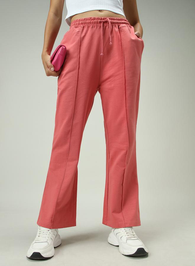 OUTZIDR Pink Solid Pintuck Flared Joggers - Image 4