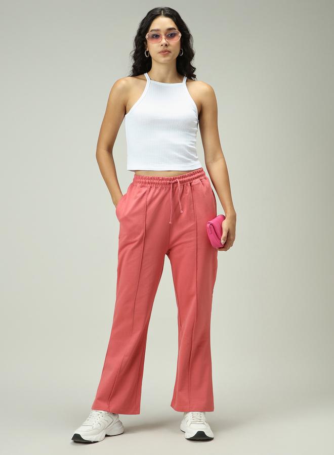 OUTZIDR Pink Solid Pintuck Flared Joggers - Image 2