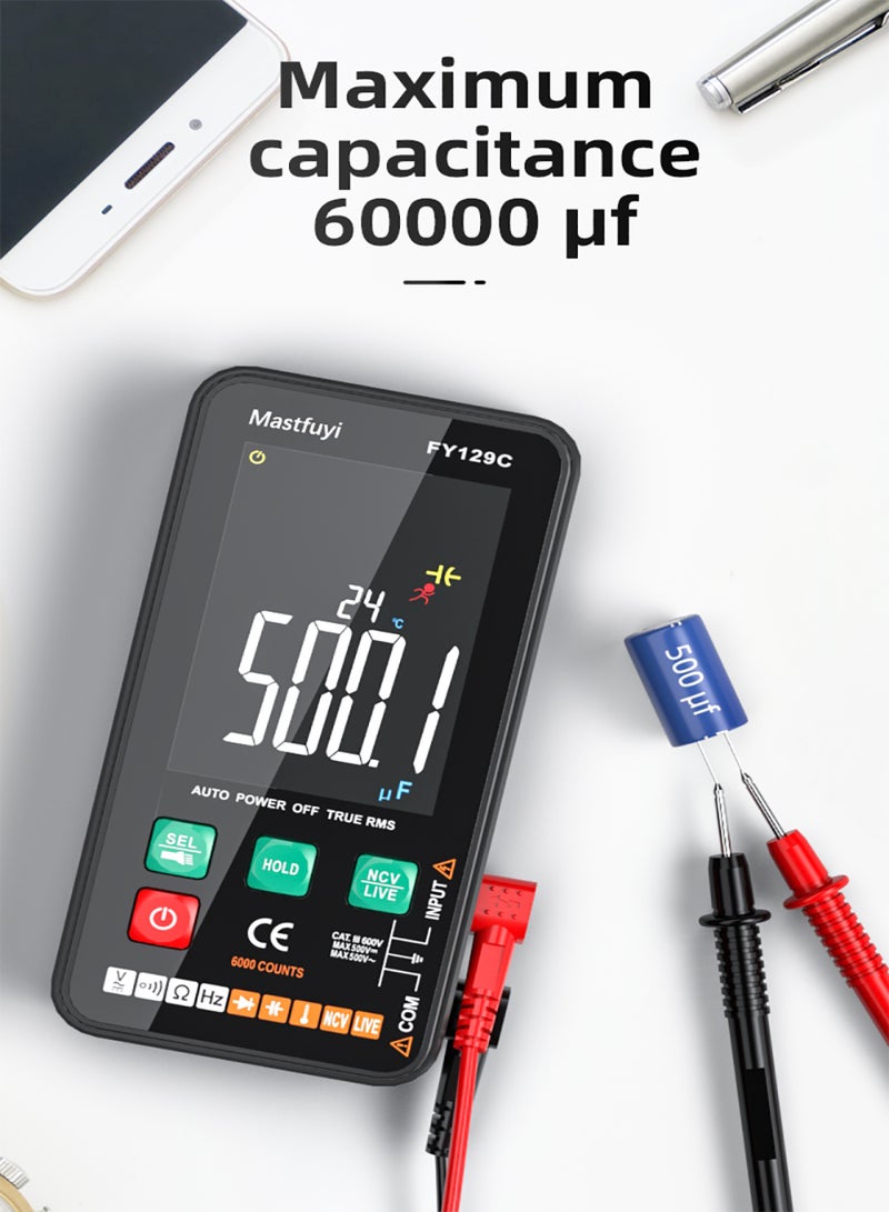 FY129C Smart Digital Multimeter with Bracket Compact Intelligent Electrical Tester 5999 Counts Backlit LCD Measure AC/DC Voltage Resistance Frequency Continuity Live Wire Checking NCV Diode - Image 3