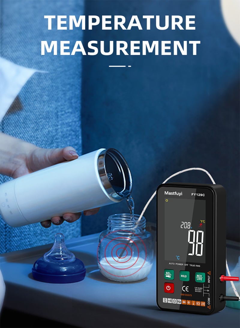 FY129C Smart Digital Multimeter with Bracket Compact Intelligent Electrical Tester 5999 Counts Backlit LCD Measure AC/DC Voltage Resistance Frequency Continuity Live Wire Checking NCV Diode - Image 5