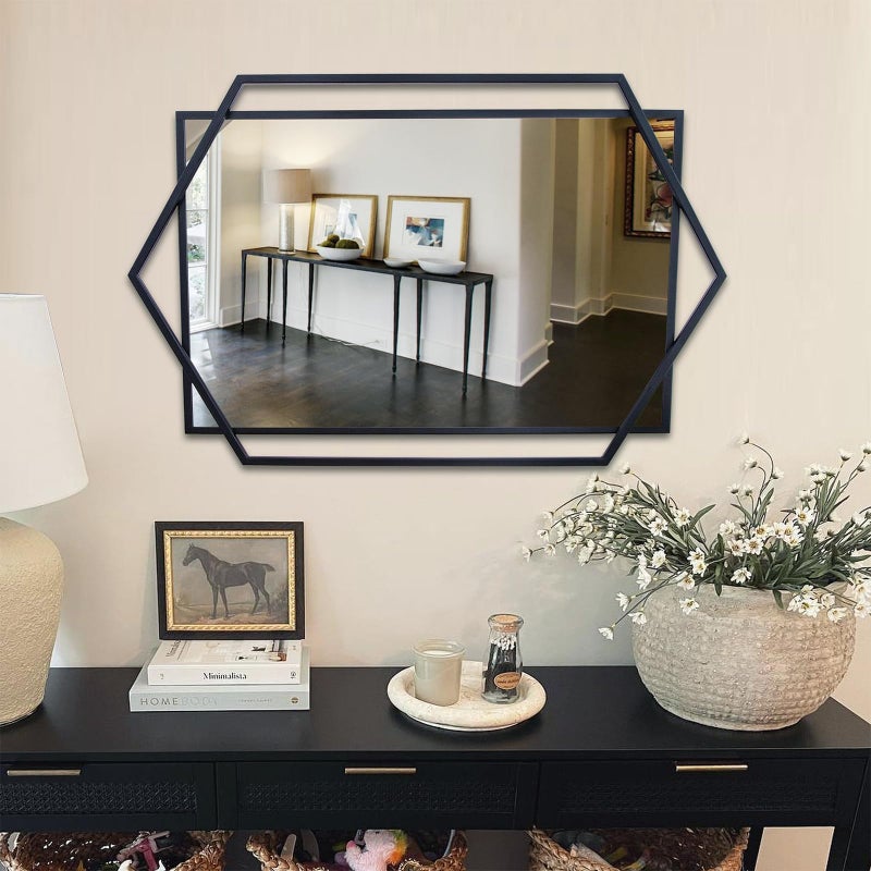Autdot Black Bathroom Mirror, 20"x32" Decorative Mirror for Living Room with Hexagon and Rectangular Metal Frame, Entryway Mirror for Wall Decor, Vertical or Horizontal Hanging - Image 1