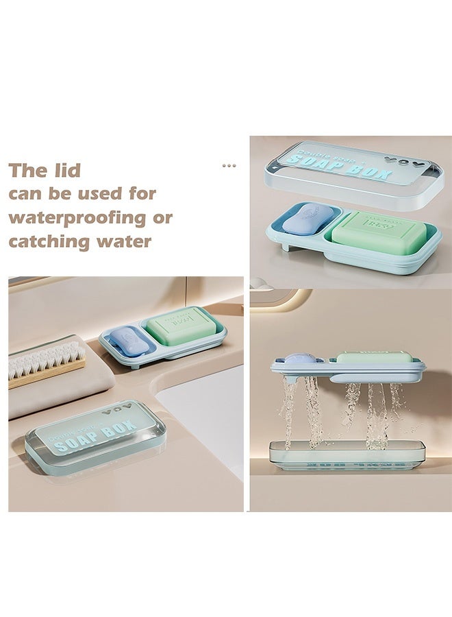Photon طبق صابون مزدوج كبير جدًا مع غطاء، وحامل صابون ذاتي التصريف وحافظة للحمام والدش، وصندوق صابون لصابون البار والشامبو والبلسم وصينية التنقيط (أزرق) - Image 4
