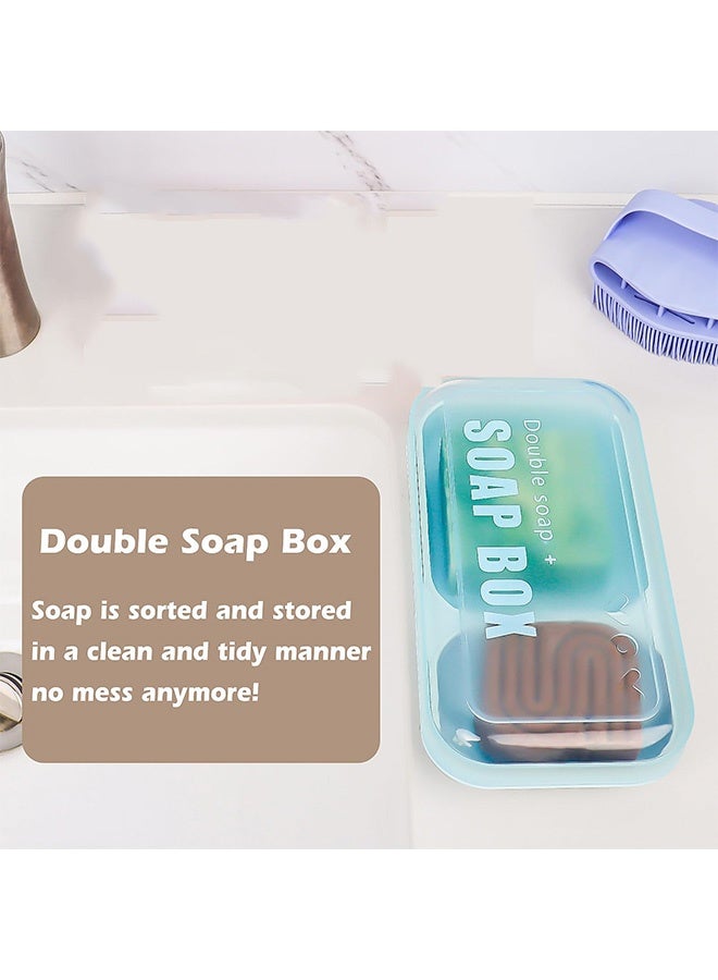Photon طبق صابون مزدوج كبير جدًا مع غطاء، وحامل صابون ذاتي التصريف وحافظة للحمام والدش، وصندوق صابون لصابون البار والشامبو والبلسم وصينية التنقيط (أزرق) - Image 3