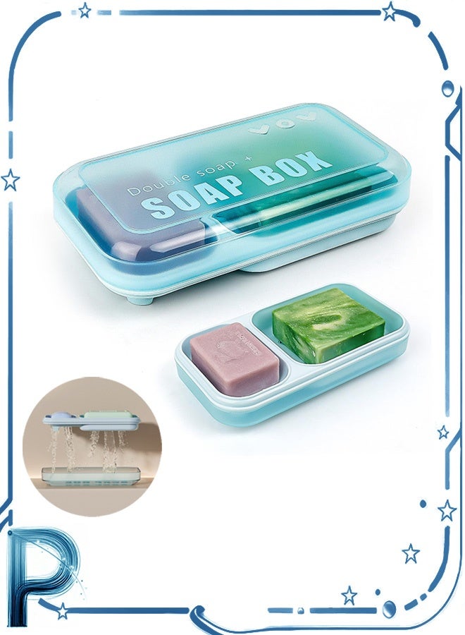 Photon طبق صابون مزدوج كبير جدًا مع غطاء، وحامل صابون ذاتي التصريف وحافظة للحمام والدش، وصندوق صابون لصابون البار والشامبو والبلسم وصينية التنقيط (أزرق) - Image 1
