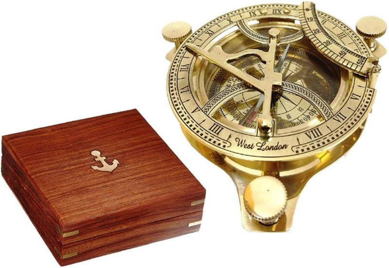 Solid Brass 4" Sundial Compass - with Wooden Box Rustic Vintage Home Decor Gifts
