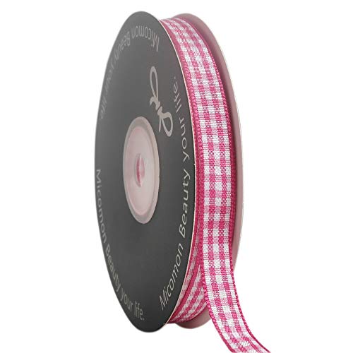 Micomon Pink and White Gingham Ribbon Hot Pink Gingham Ribbon 25 Yards Each Roll 100% Polyester (3/8", Hot.Pink) - Image 1