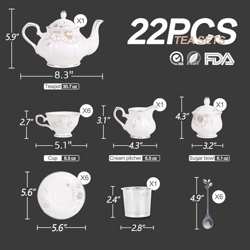 CHENP.HMC Tea Set 22-Piece Porcelain Ceramic Coffee Tea Gift Sets Cups Saucer Service for 6 Teapot Sugar Bowl Creamer Pitcher and Teaspoons (WHITE3) - Image 4