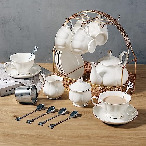 CHENP.HMC Tea Set 22-Piece Porcelain Ceramic Coffee Tea Gift Sets Cups Saucer Service for 6 Teapot Sugar Bowl Creamer Pitcher and Teaspoons (WHITE3) - Image 3