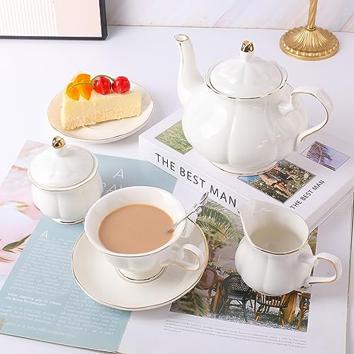 CHENP.HMC Tea Set 22-Piece Porcelain Ceramic Coffee Tea Gift Sets Cups Saucer Service for 6 Teapot Sugar Bowl Creamer Pitcher and Teaspoons (WHITE3) - Image 5