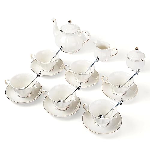 CHENP.HMC Tea Set 22-Piece Porcelain Ceramic Coffee Tea Gift Sets Cups Saucer Service for 6 Teapot Sugar Bowl Creamer Pitcher and Teaspoons (WHITE3) - Image 2