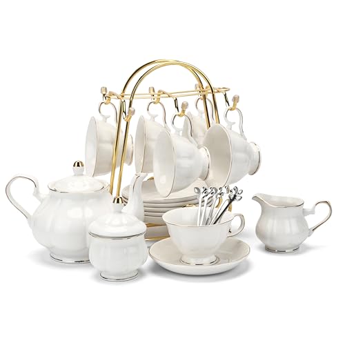CHENP.HMC Tea Set 22-Piece Porcelain Ceramic Coffee Tea Gift Sets Cups Saucer Service for 6 Teapot Sugar Bowl Creamer Pitcher and Teaspoons (WHITE3) - Image 1