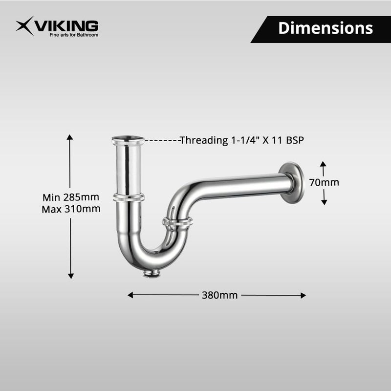Viking مصيدة بي براس لحوض الغسيل وحوض المطبخ | تشطيب كروم مصقول | مصيدة قابلة للتعديل مع قابس تنظيف | خيط 32 مم (1-1/4 بوصة) داخلي | طول 300 مم (12 بوصة) - Image 2