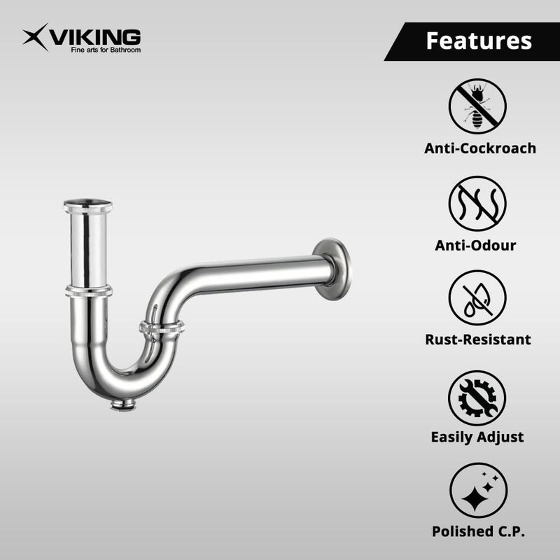 Viking مصيدة بي براس لحوض الغسيل وحوض المطبخ | تشطيب كروم مصقول | مصيدة قابلة للتعديل مع قابس تنظيف | خيط 32 مم (1-1/4 بوصة) داخلي | طول 300 مم (12 بوصة) - Image 3