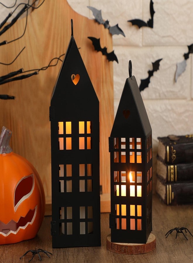 SiliFine 2 Set Christmas Black Houses Decor with 2 Pcs Candles Village Metal Modern Farmhouse Lantern Decorative for Christmas, Home, Tabletop, Fireplace Shelf Decor - Image 1