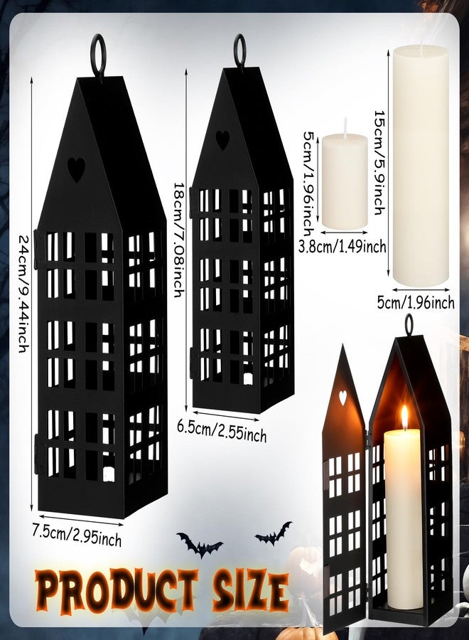 SiliFine 2 Set Christmas Black Houses Decor with 2 Pcs Candles Village Metal Modern Farmhouse Lantern Decorative for Christmas, Home, Tabletop, Fireplace Shelf Decor - Image 2