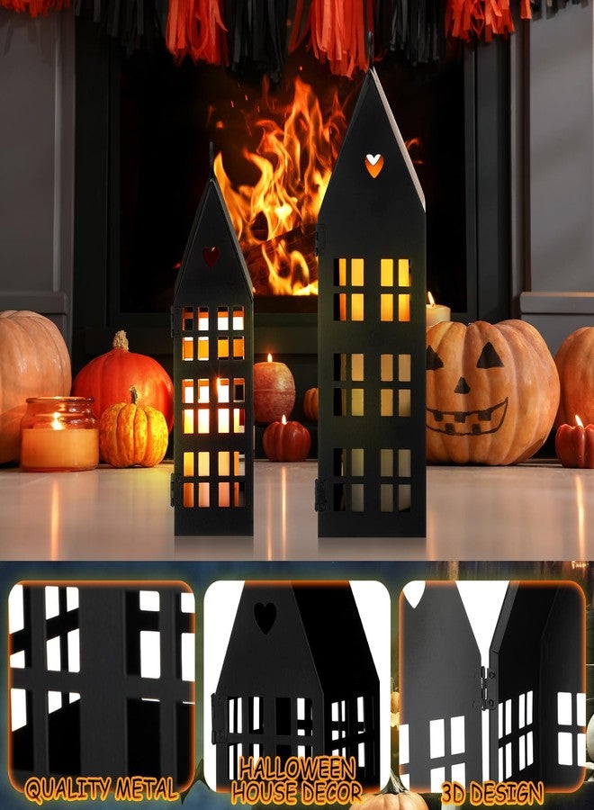 SiliFine 2 Set Christmas Black Houses Decor with 2 Pcs Candles Village Metal Modern Farmhouse Lantern Decorative for Christmas, Home, Tabletop, Fireplace Shelf Decor - Image 4